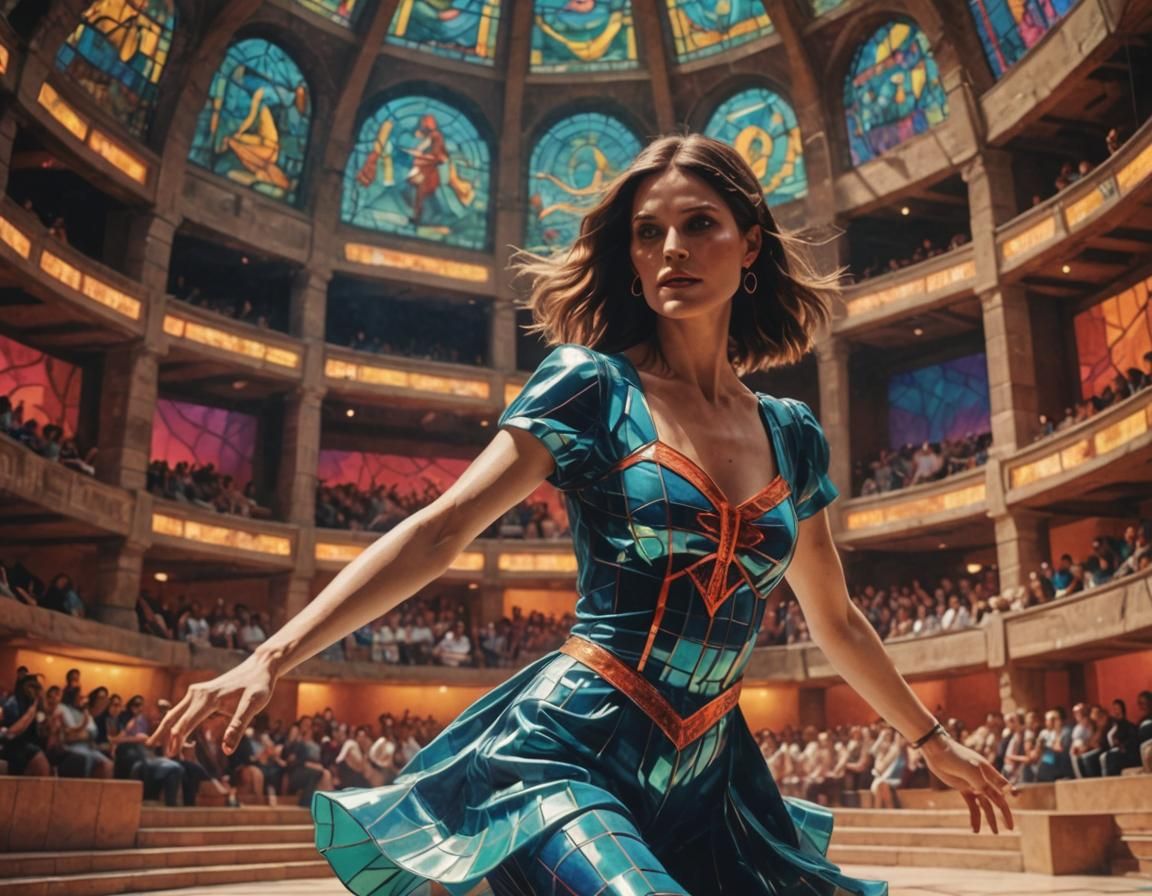 Glamorous Woman Dancing in Stained Glass Amphitheater