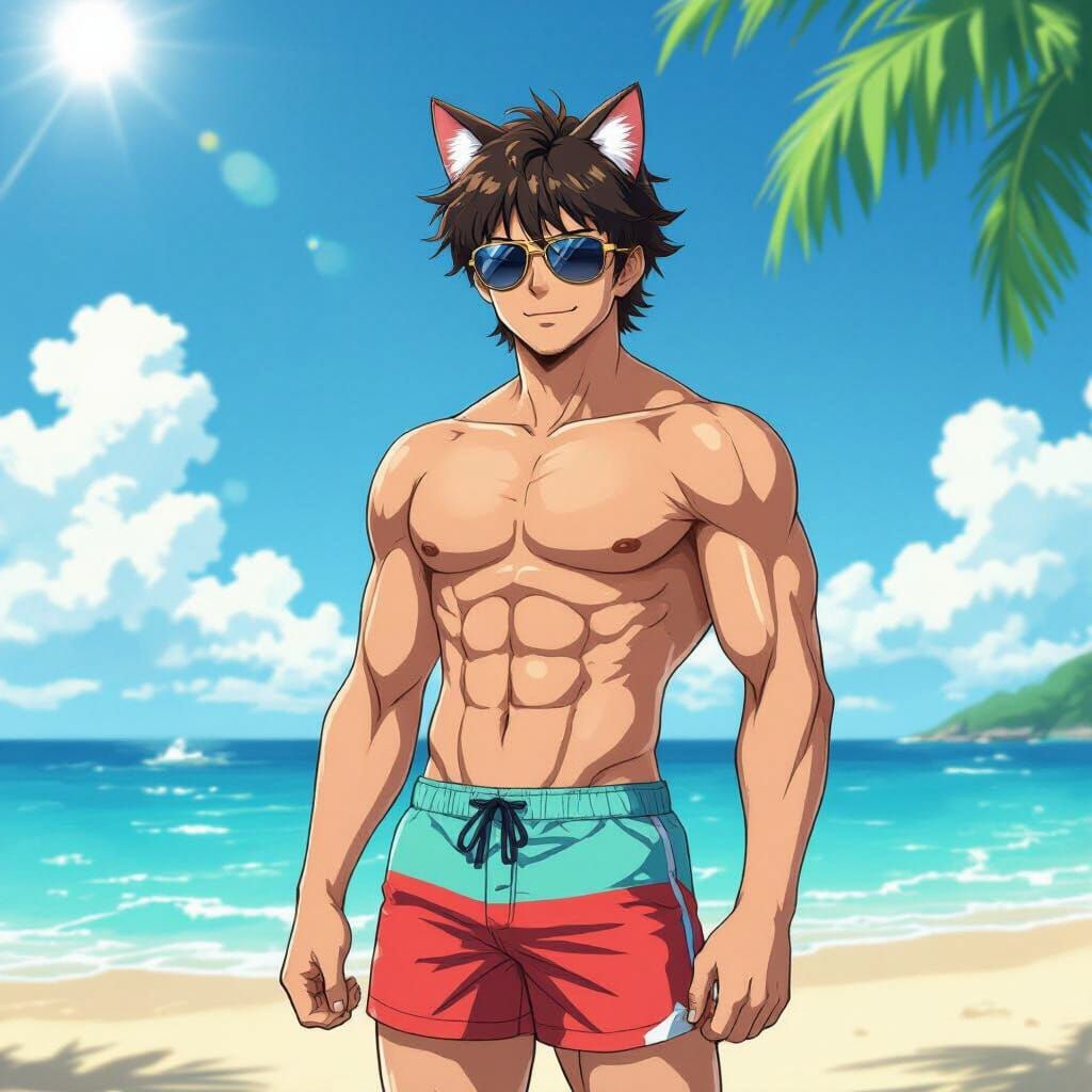 Anime Cat-Boy on Beach in Manga Style