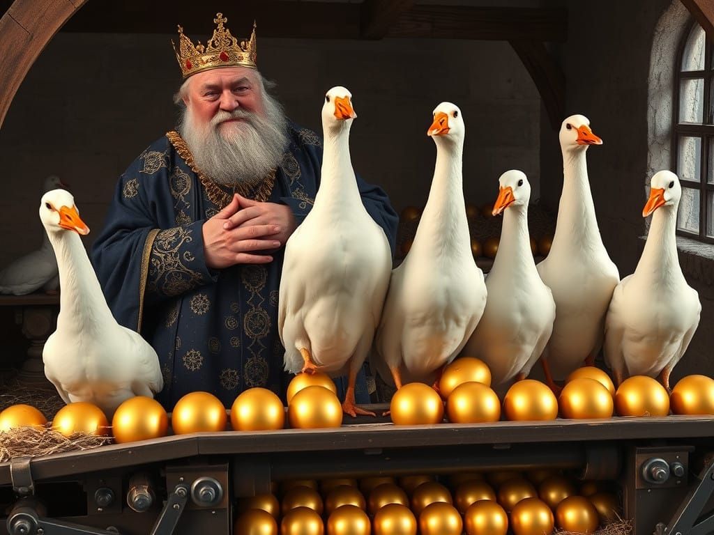 Six Majestic Geese atop a Medieval Goldmine