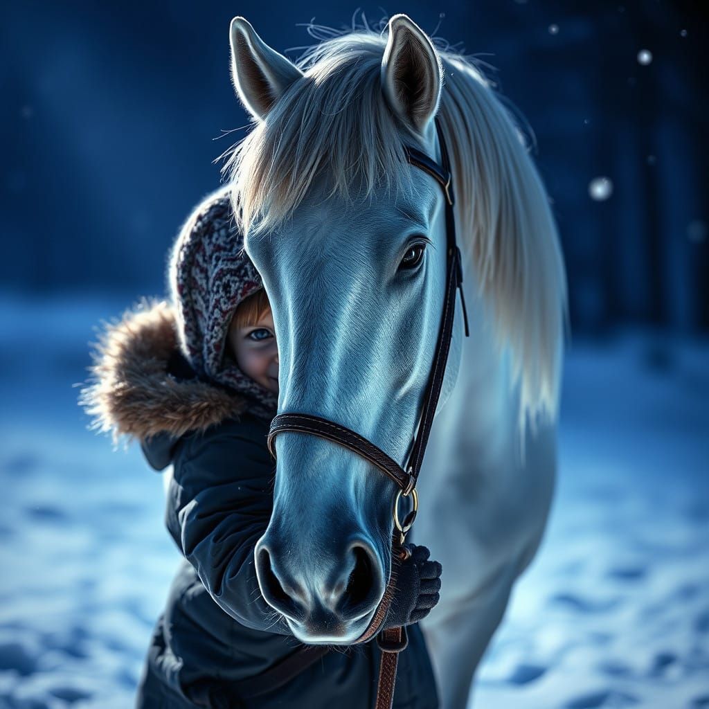 Child with a White Horse in Snowy Landscape with Blue Lights...