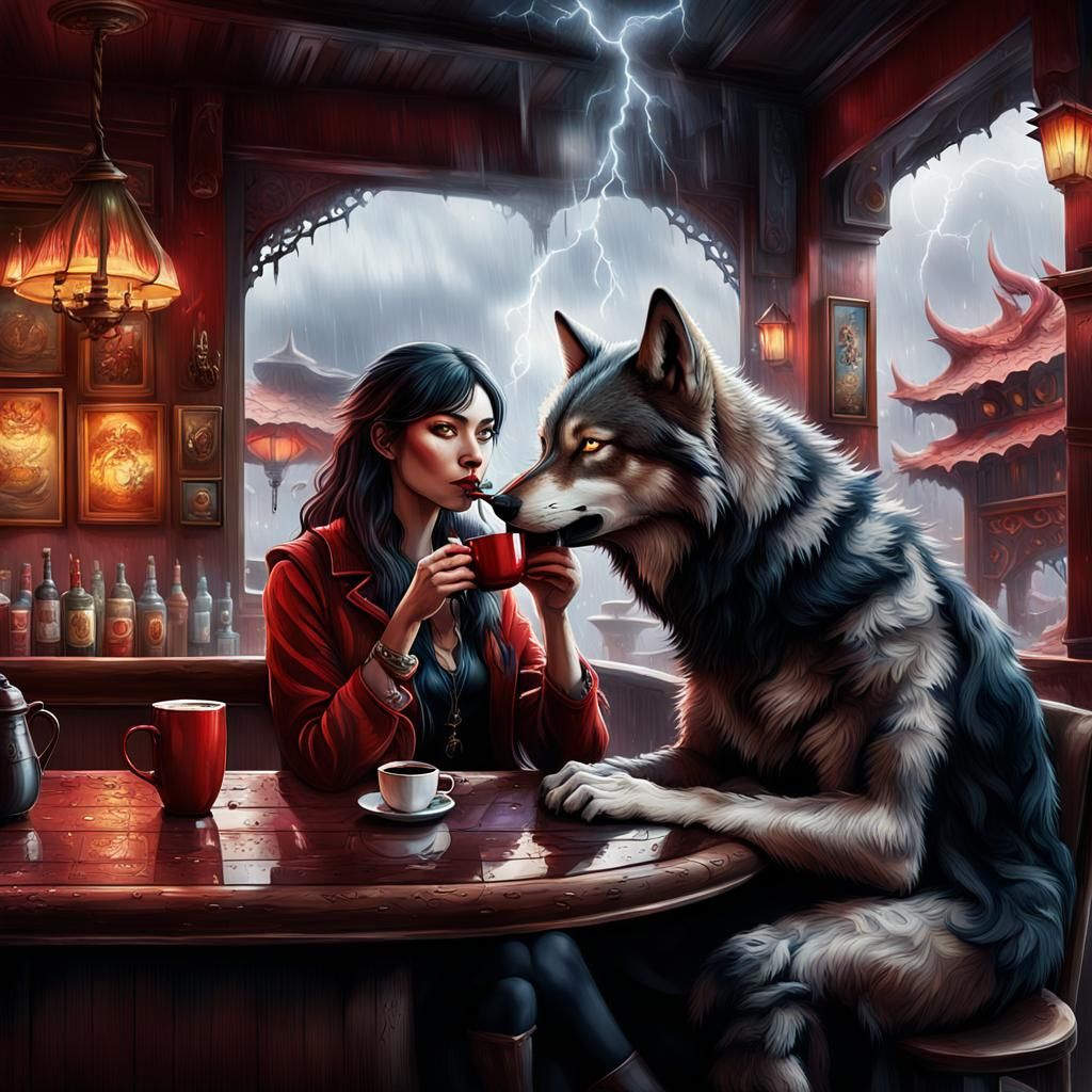 Woman and Wolf in Bar with Dragons, Fantasy Art