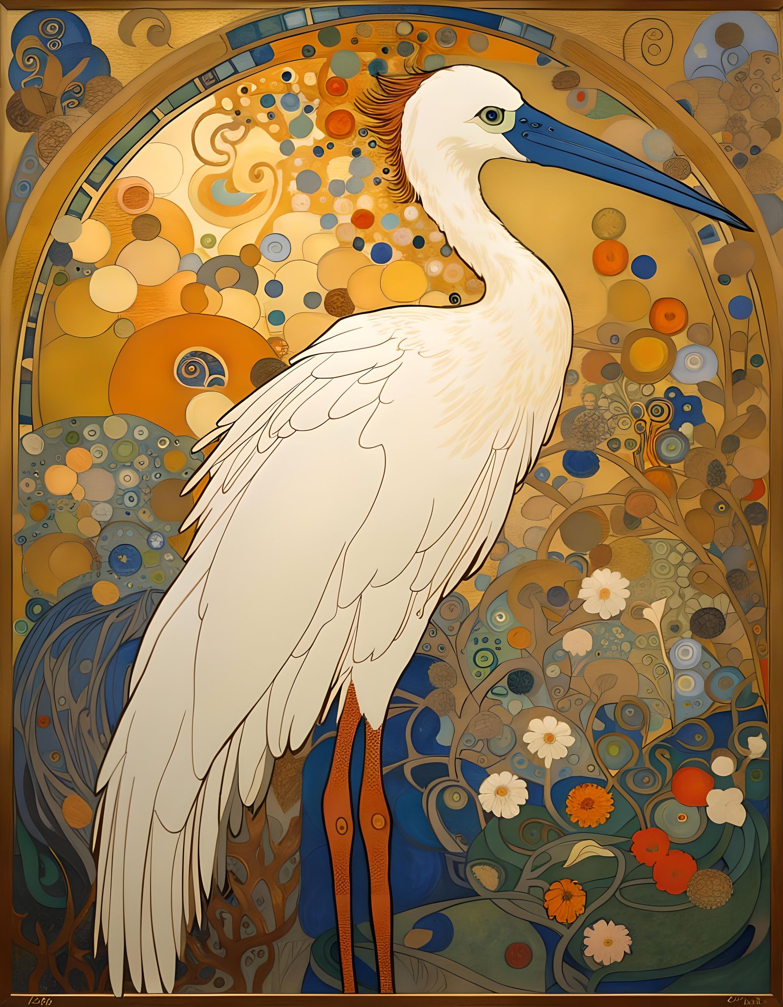 Art Nouveau Stork, Klimt and Morris Style