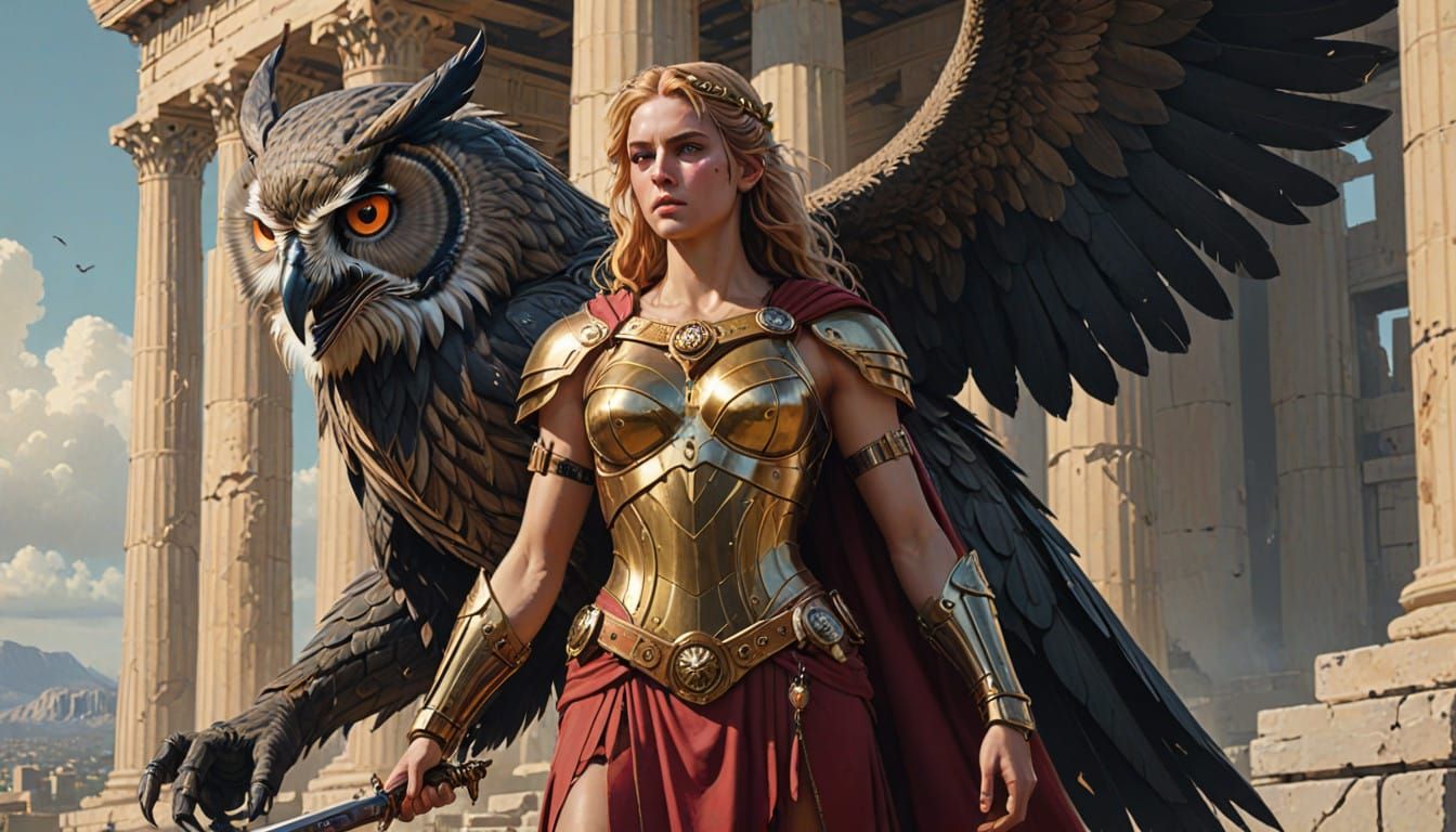 Athena Warrior in Golden Light stands before the Parthenon