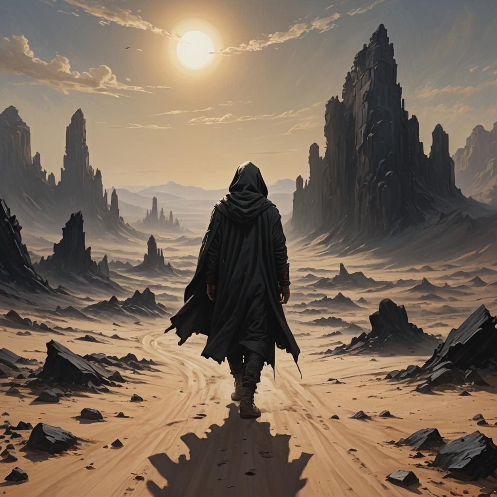 Wanderer in Sun-Blasted Wasteland: Oil Painting