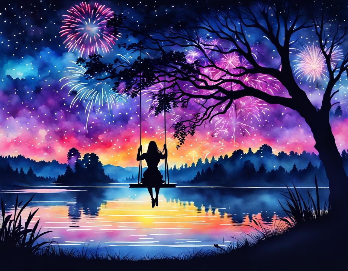 Girl on Swing Silhouette with Fireworks, Watercolor