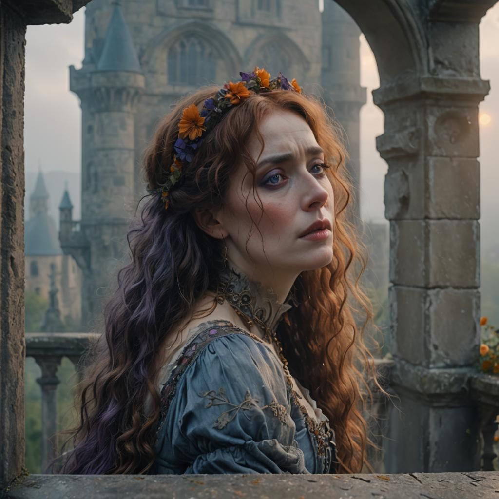 Pre-Raphaelite Woman Crying on Castle Balcony
