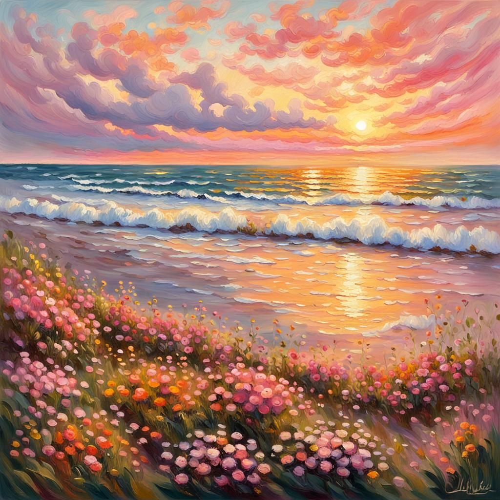 Impressionist Sunrise Over Flower Field Ocean