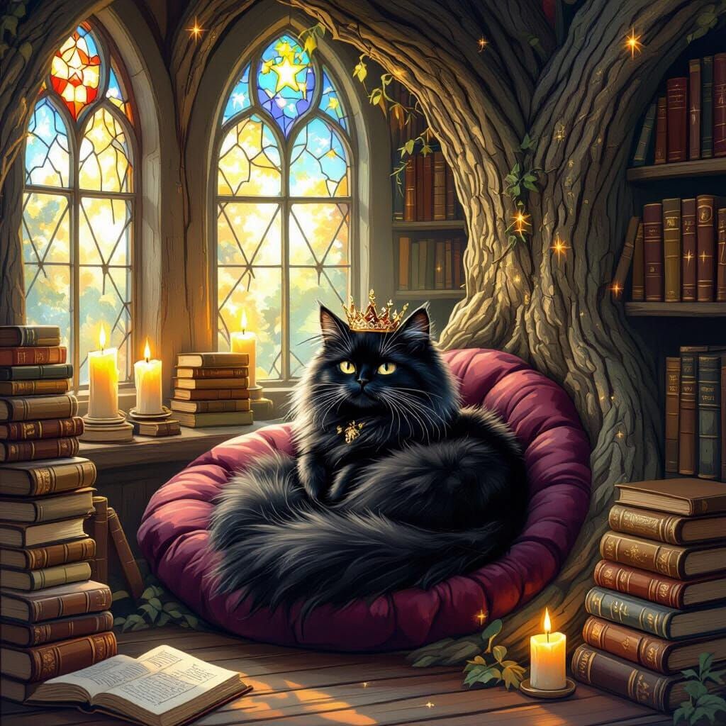 Cozy Tree Reading Nook with Cat, Arthur Rackham Style