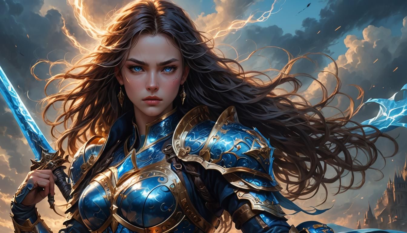 Fierce Maiden with Sword in Dramatic Lighting