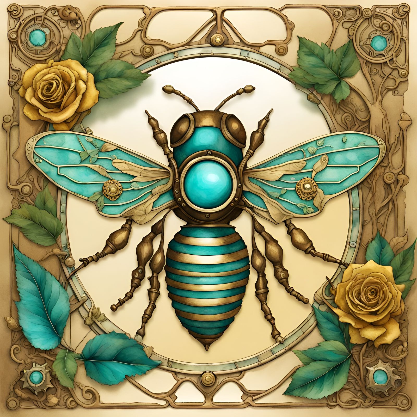 Steampunk Bee with Gears and Art Nouveau Flowers