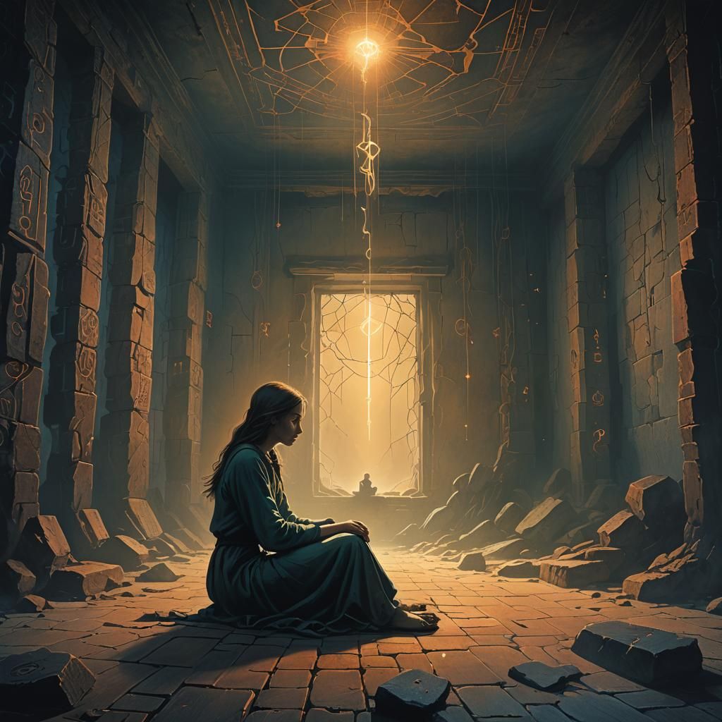 Melancholic Woman in Dimly Lit Runescape Room