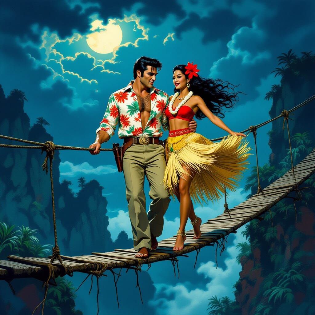 Elvis as Indiana Jones with Hula Girl