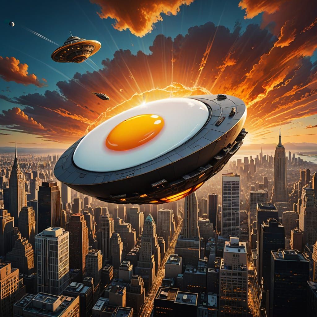 Fried Egg Alien Spaceship Soars Over City Skyscrapers
