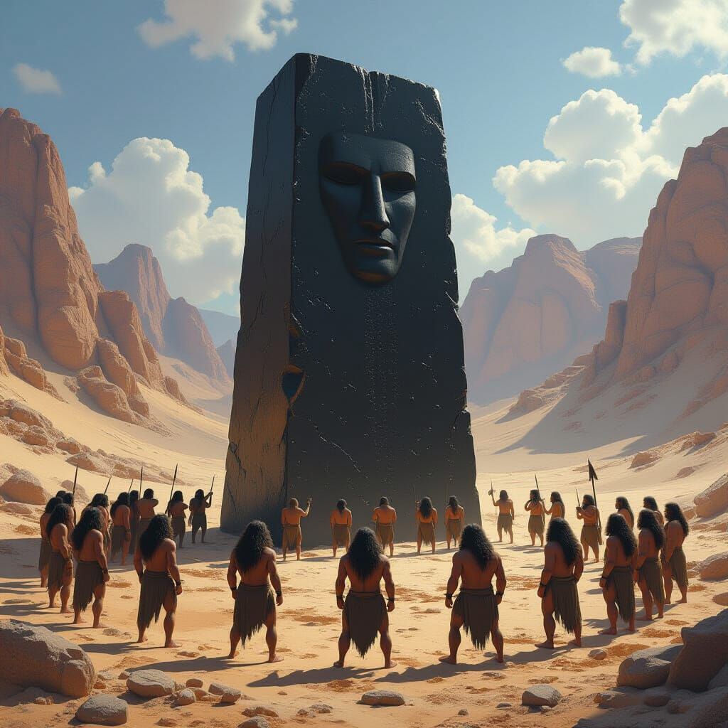 Cavemen Worship Giant Monolith in Mountainous Desert