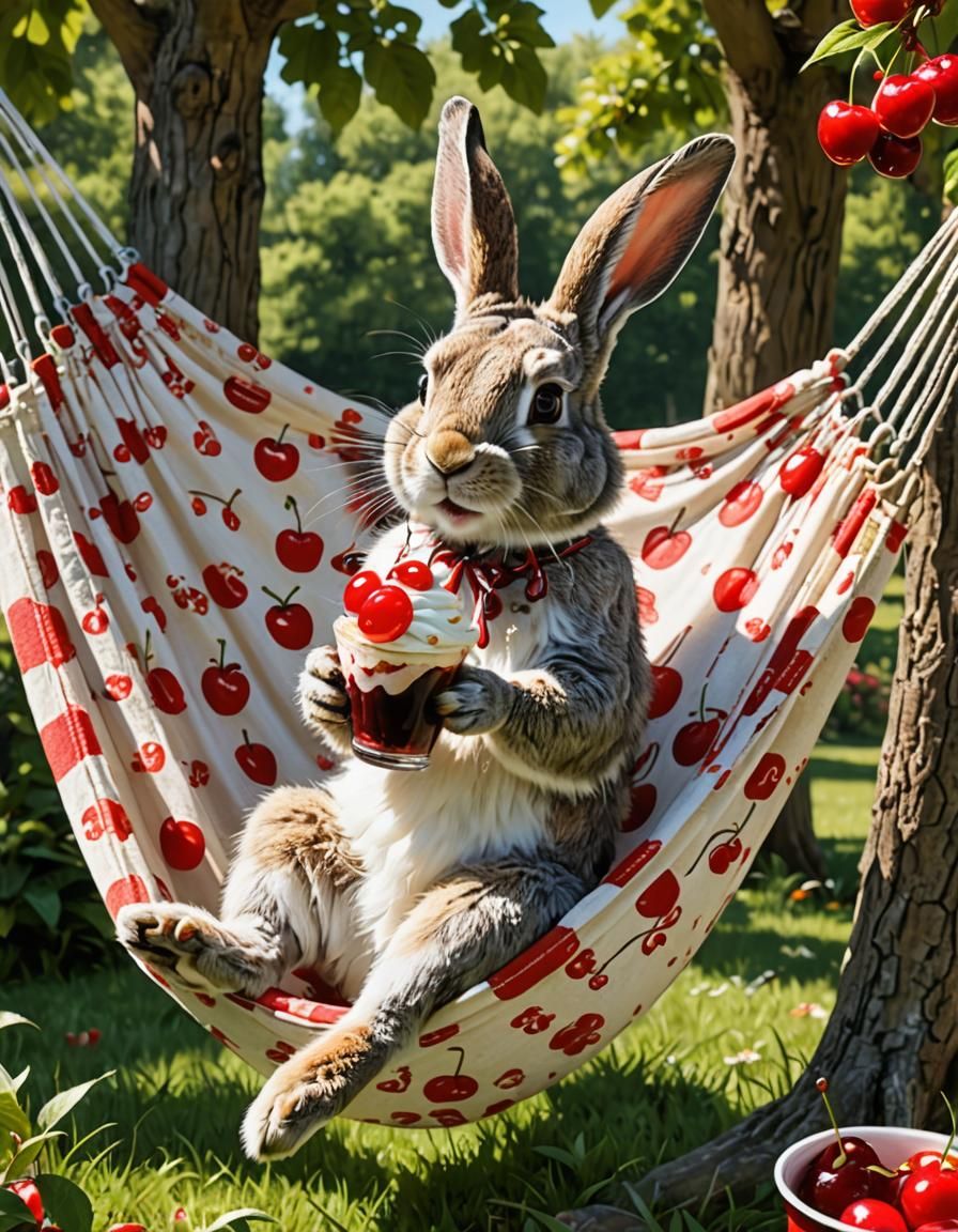 Rabbit in Hammock Enjoying Cherry Sundae