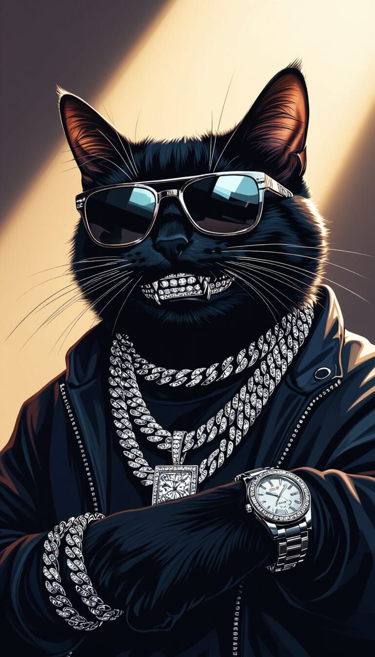 Cat with Diamond Grill and Iced Out Jewelry