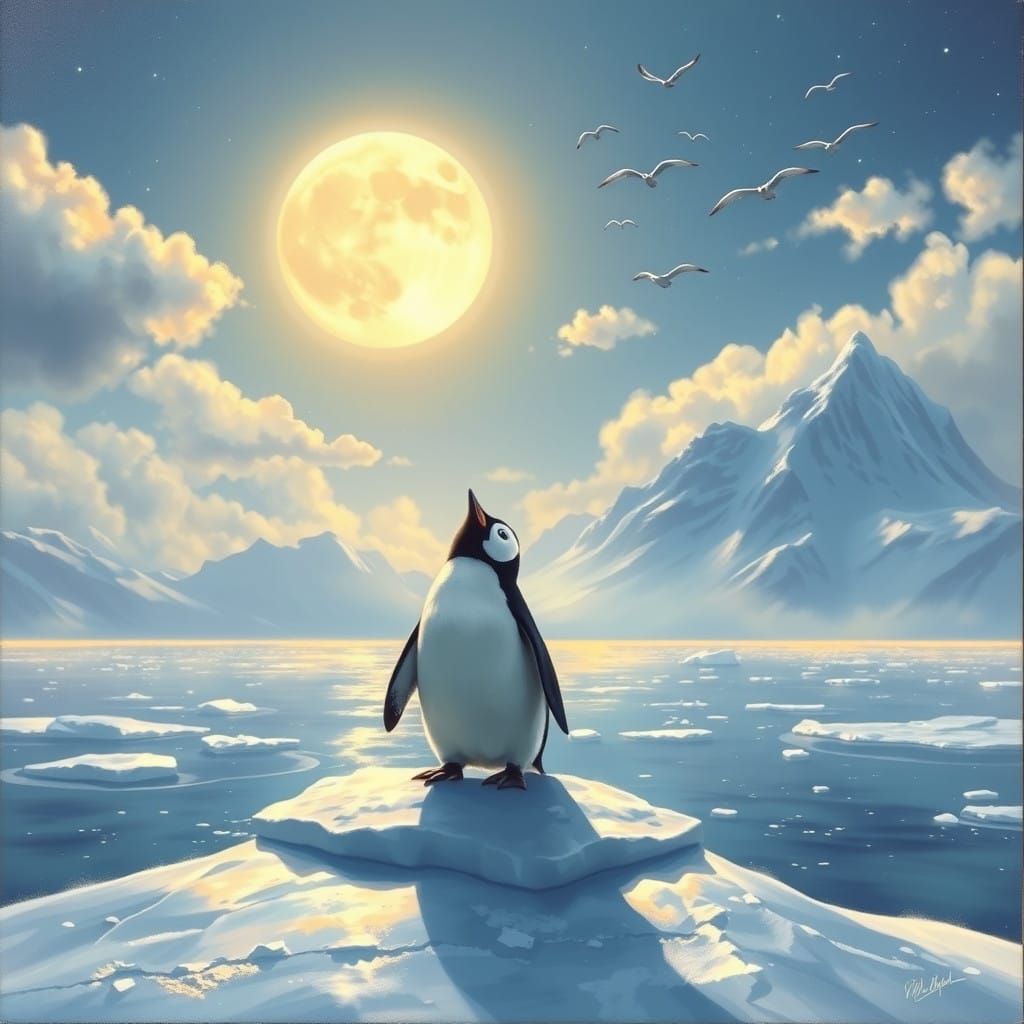 Ethereal Penguin Under Full Moonlight