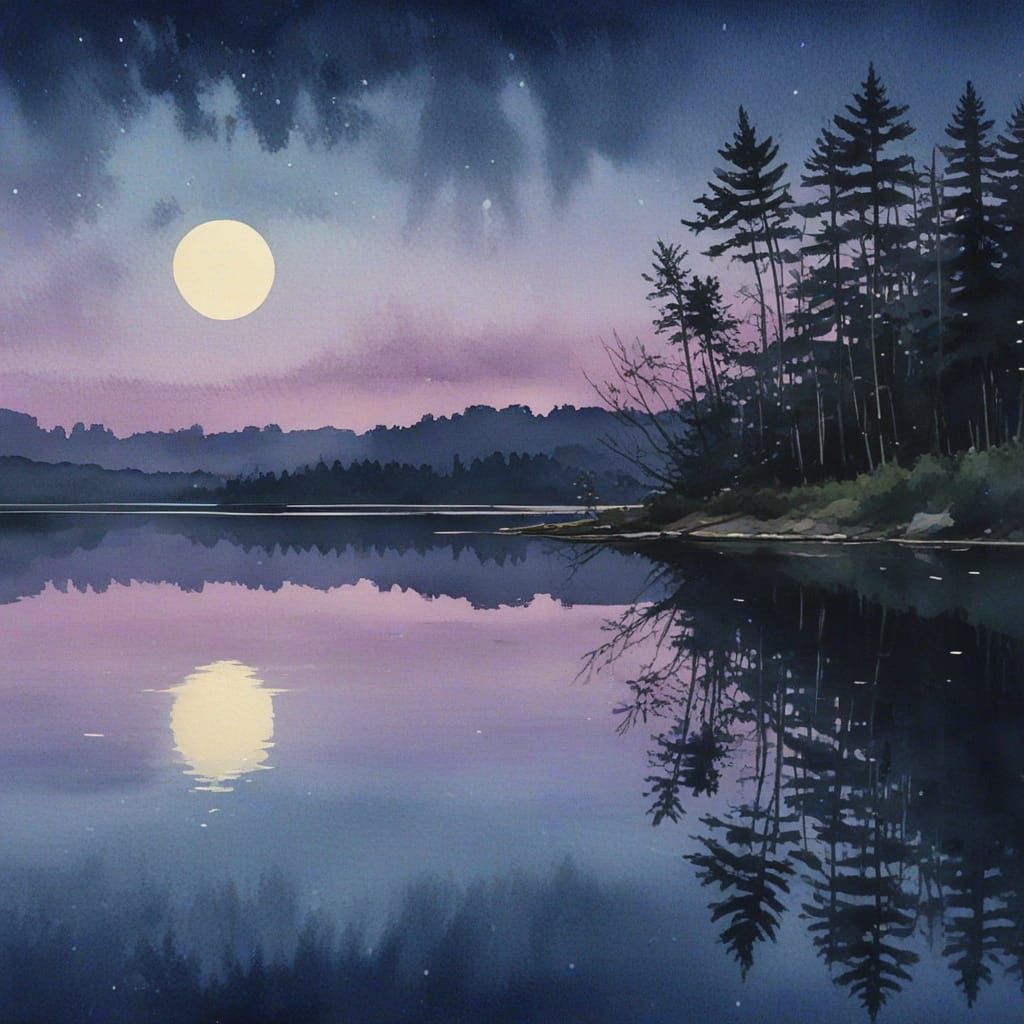 Tranquil Summer Lake at Night in Watercolor