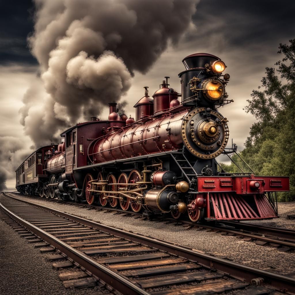 Steampunk Steam Train and Caboose in Hyperrealistic Detail