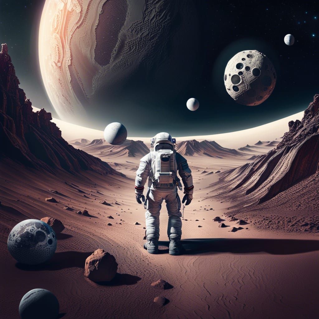 Astronaut on a Barren Planet with Twin Moons