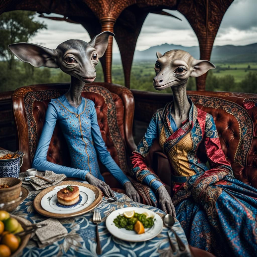 Surreal Alien Restaurant Celebration: Hyperrealistic Masterp...