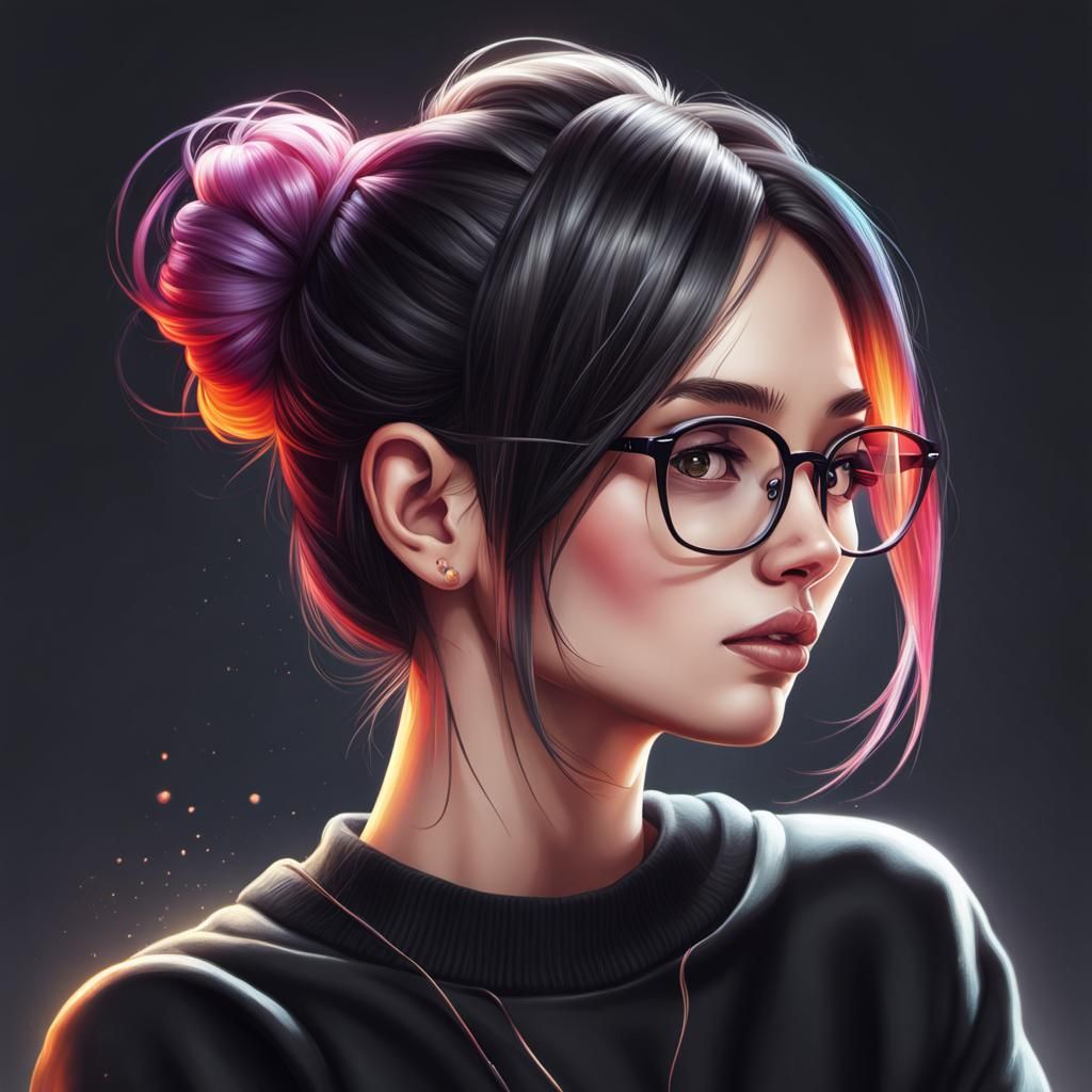 Cute Emo Girl with Reading Glasses, Digital Illustration
