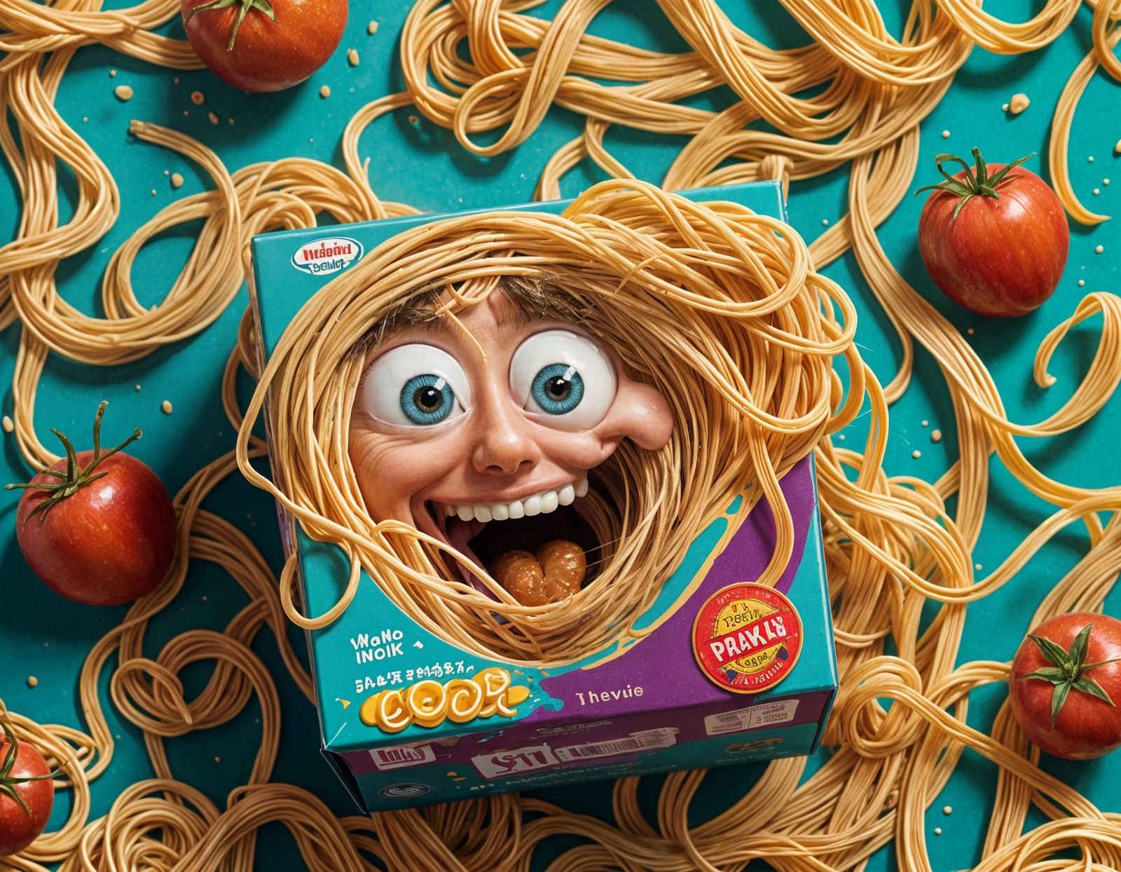 Funny Spaghetti Box with Surreal Cartoon Character