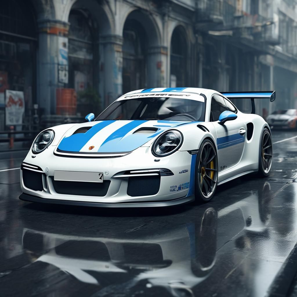 Blue and White Porsche in Anime Style