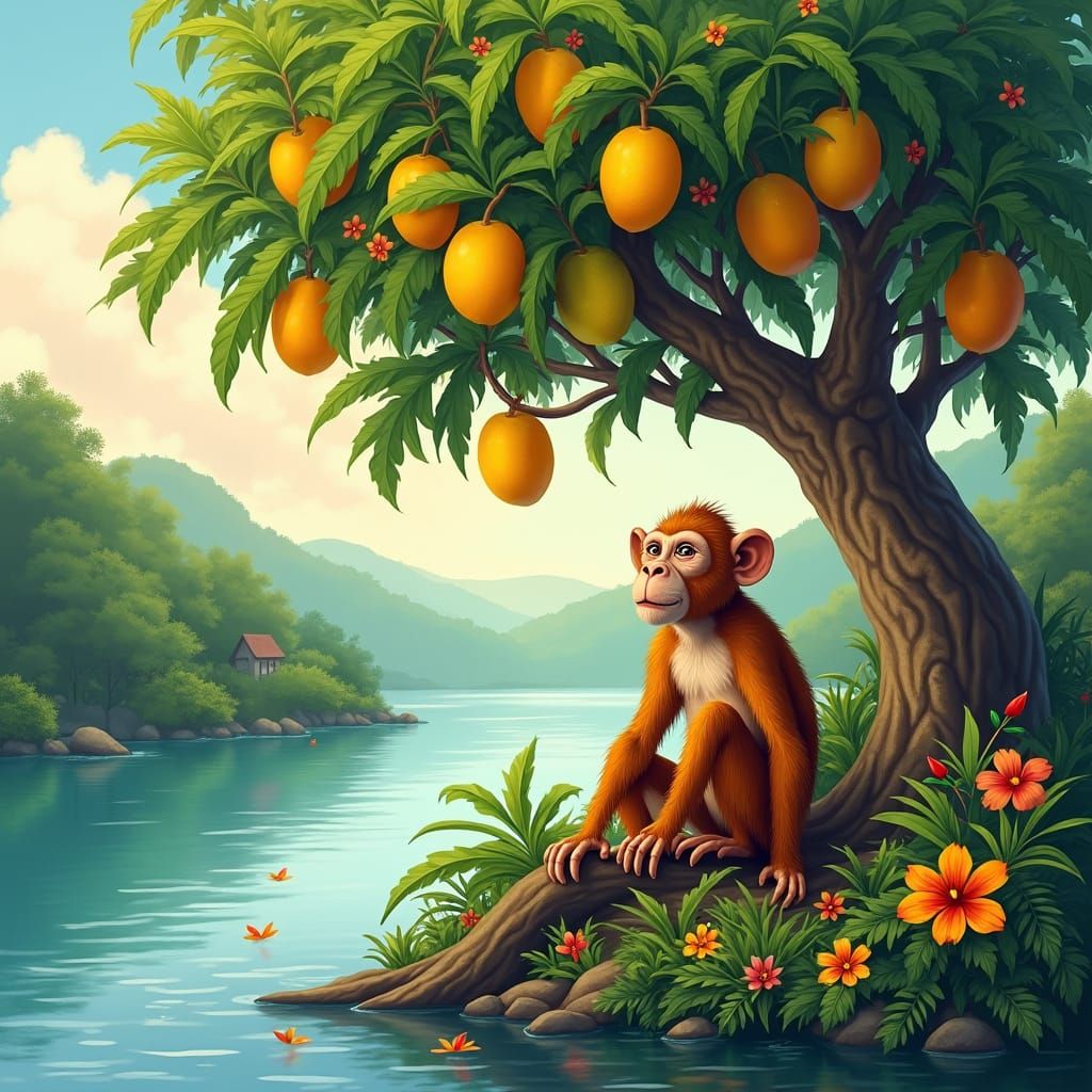 Exotic Tropical Oasis with Mango Tree and Curious Monkey