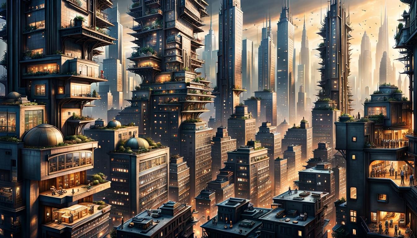 Dystopian Maximalist Cityscape with High-Rise Housing