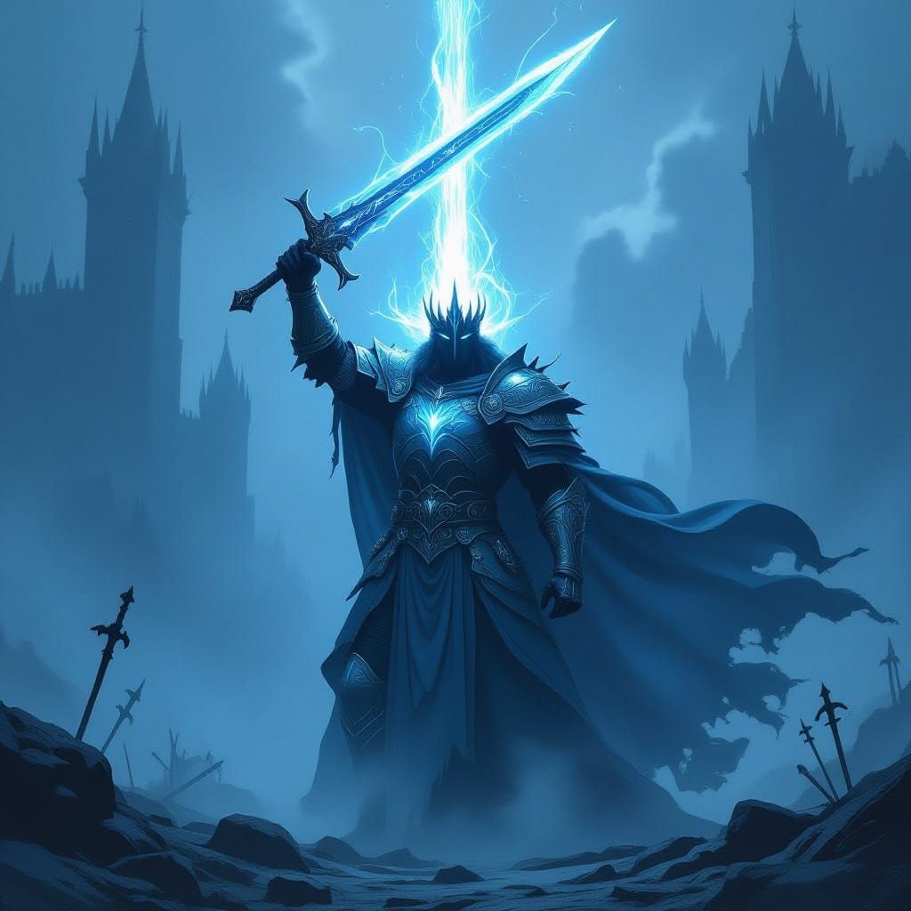 Spectral King Raises Glowing Sword on Misty Battlefield