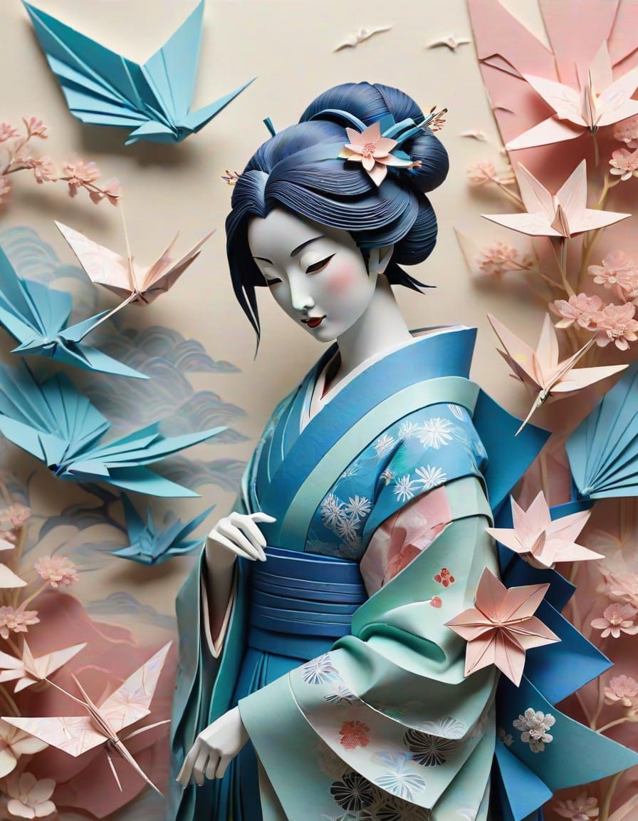 Elegant Origami Geisha in Intricate Washi Paper Art