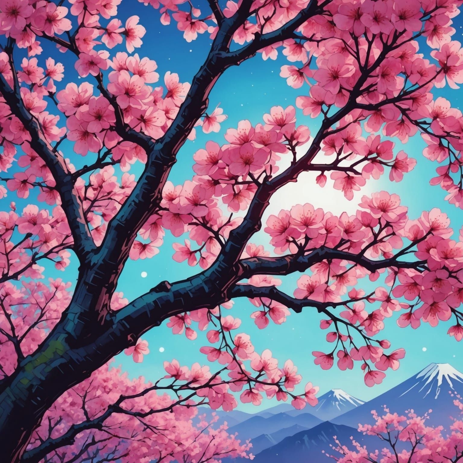 Neon Cherry Blossoms: A Synthwave Watercolor Fresco