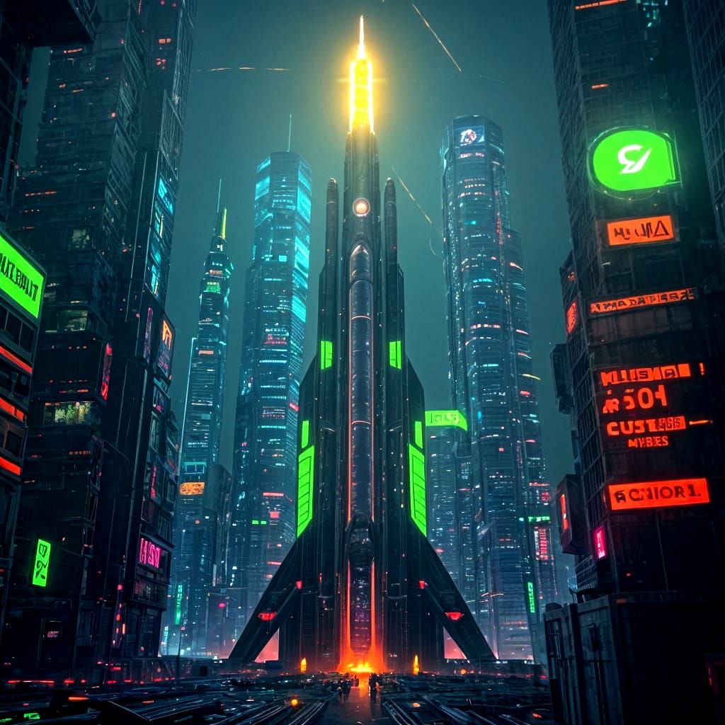 Rocket Soars Through Cyberpunk Cityscape in Neon Flames