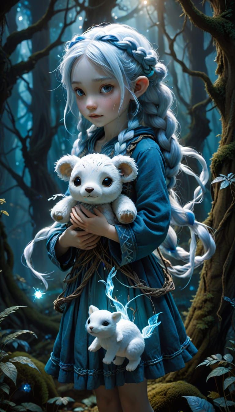 Surreal Girl with Glowing Toy in Dark Forest
