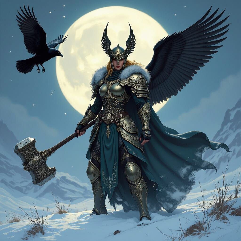 Valkyrie Warrior on Battlefield in Art Nouveau Style