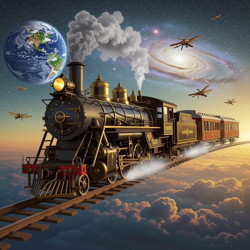 Steampunk Locomotive Soaring Through Space as Digital Art