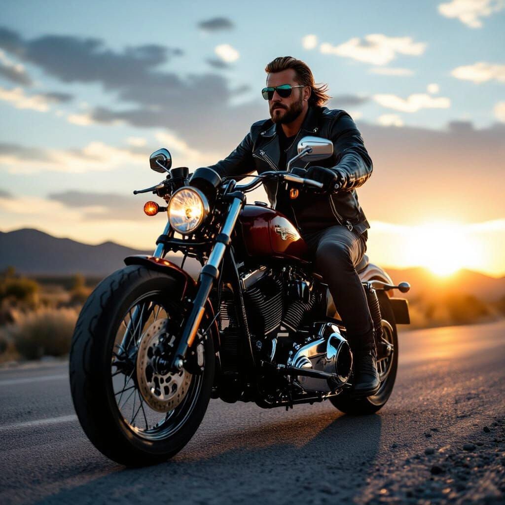 Muscular Biker on Motorcycle at Sunset Road