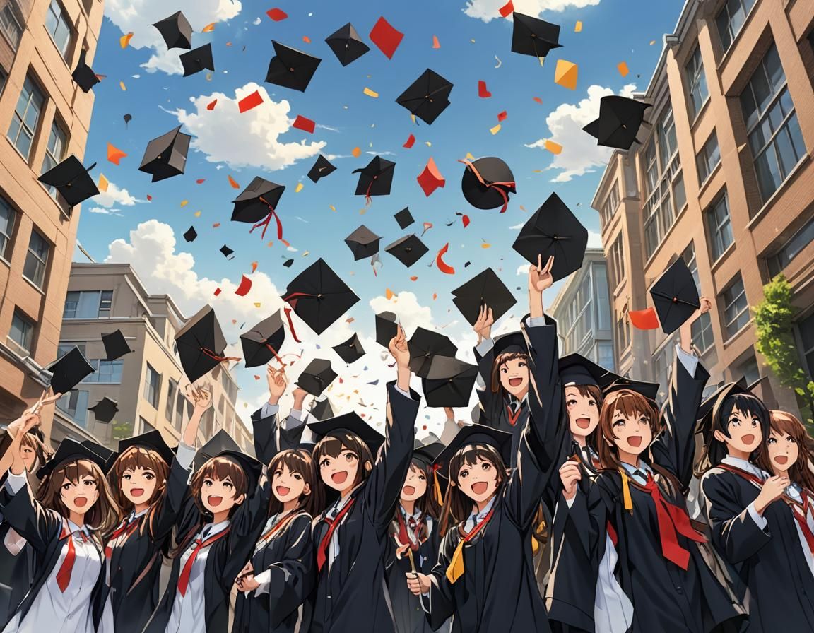 Anime Style Graduation Celebration with Hats