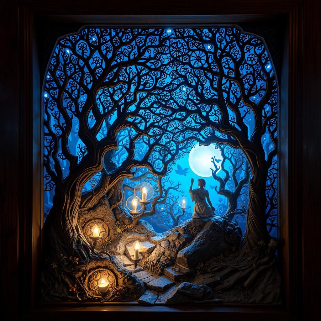 Ethereal Galaxy Wood Carving in a Dark Garden