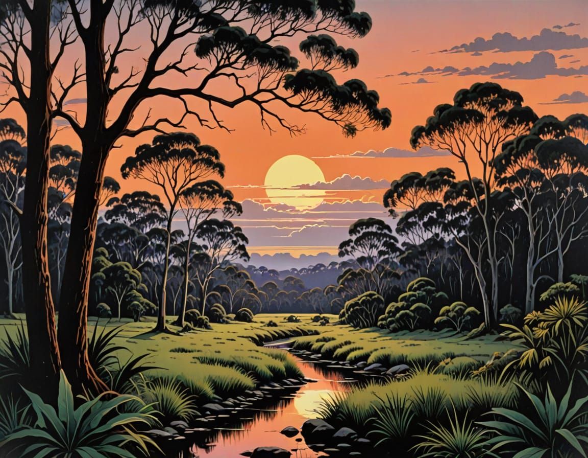 Vintage Serigraphy of Australian Bush at Dusk