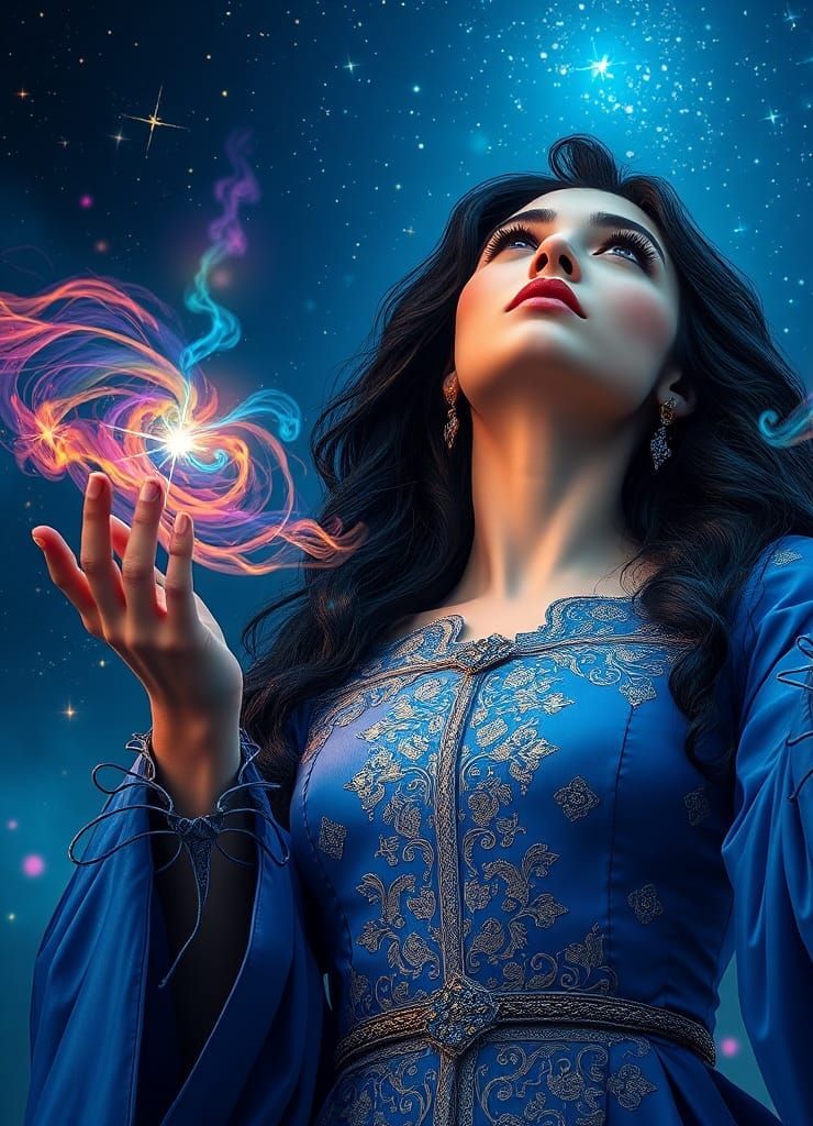 Woman Magician with Rainbow Magic, Fantasy Art