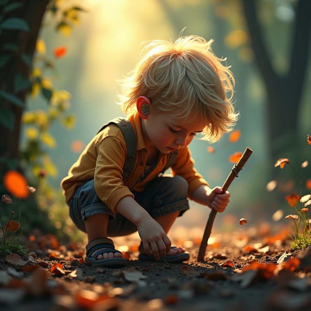 Boy with Cochlear Implants Playing in Mystical Forest