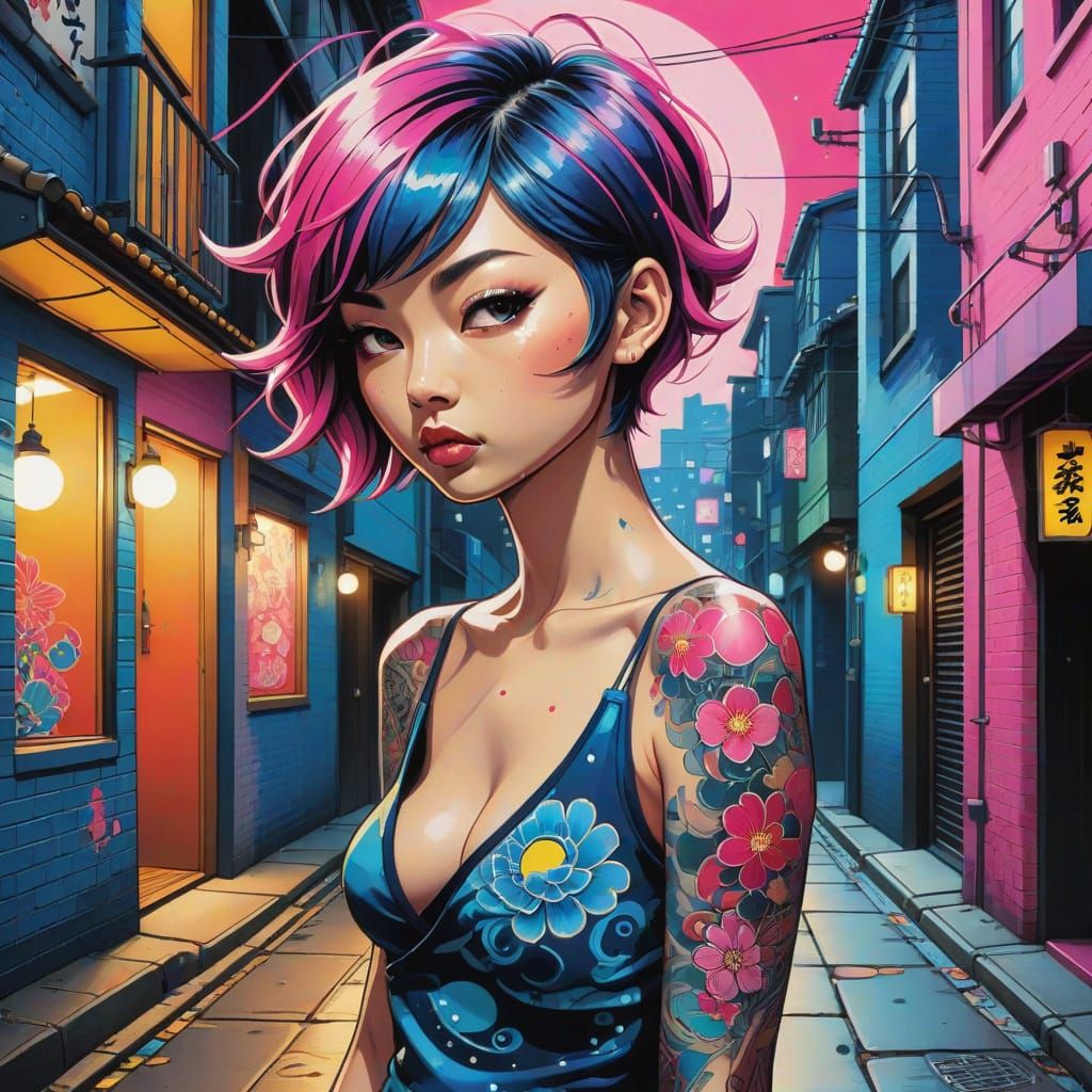 Vibrant Tattooed Pixie in a Moody Alleyway