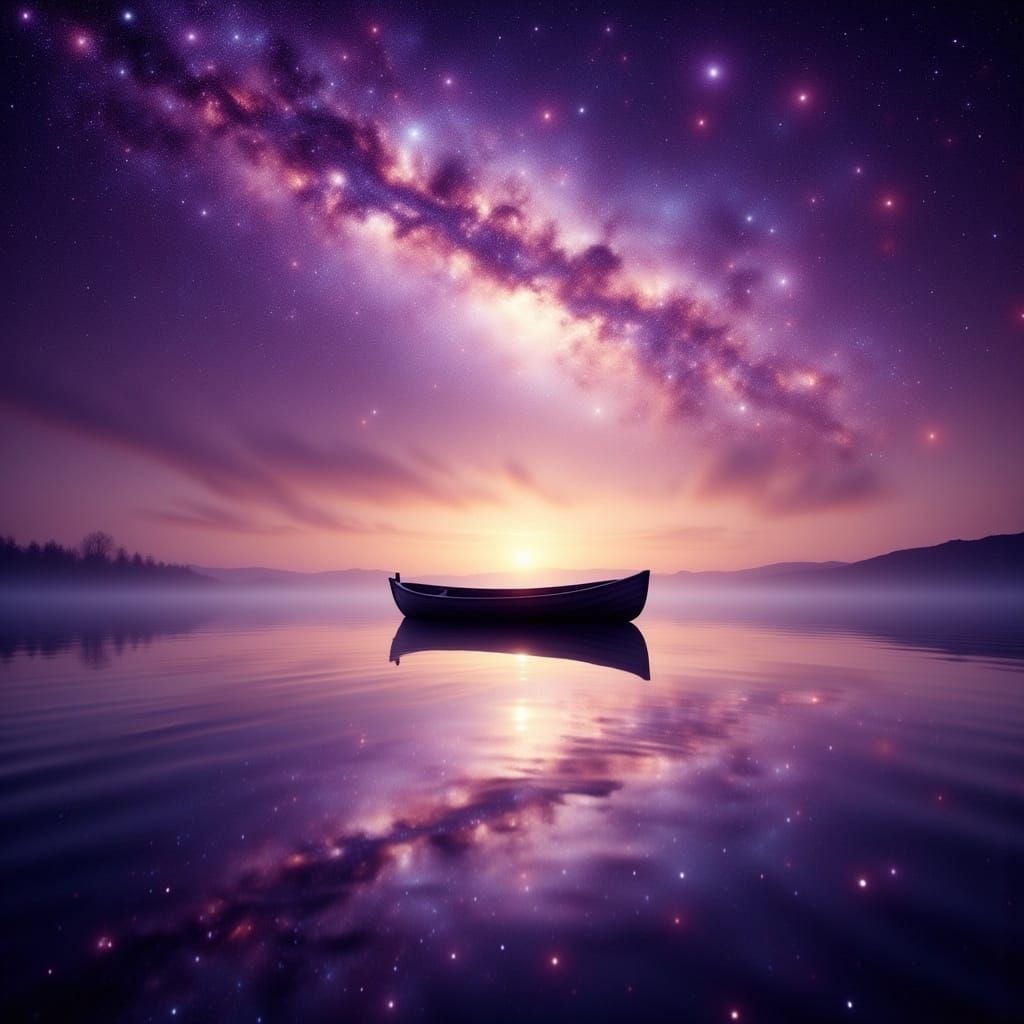 Serene Rowboat in Purple Starry Sky, Golden Hour