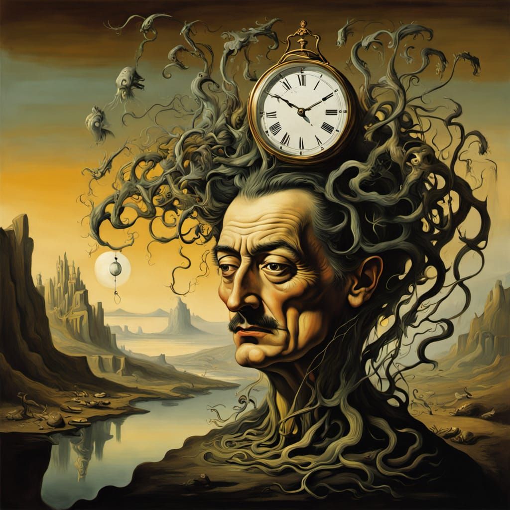 Surreal Figure with Clock Face and Vines