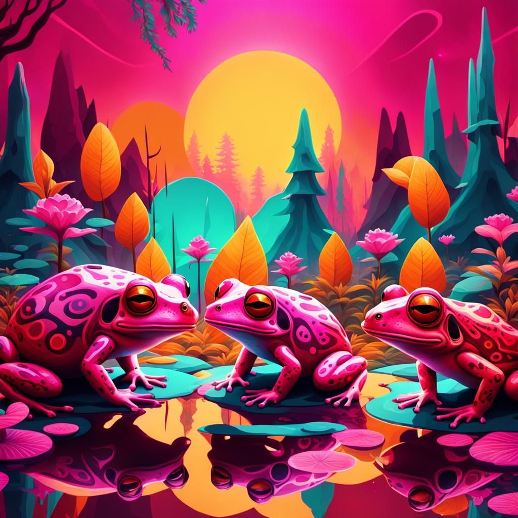 Mystical Tattooed Frogs Meditating in Retro-Futuristic Style