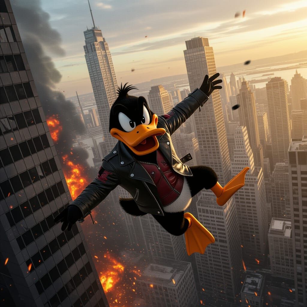 Daffy Duck-like Character in Burning Skyscraper Action Scene