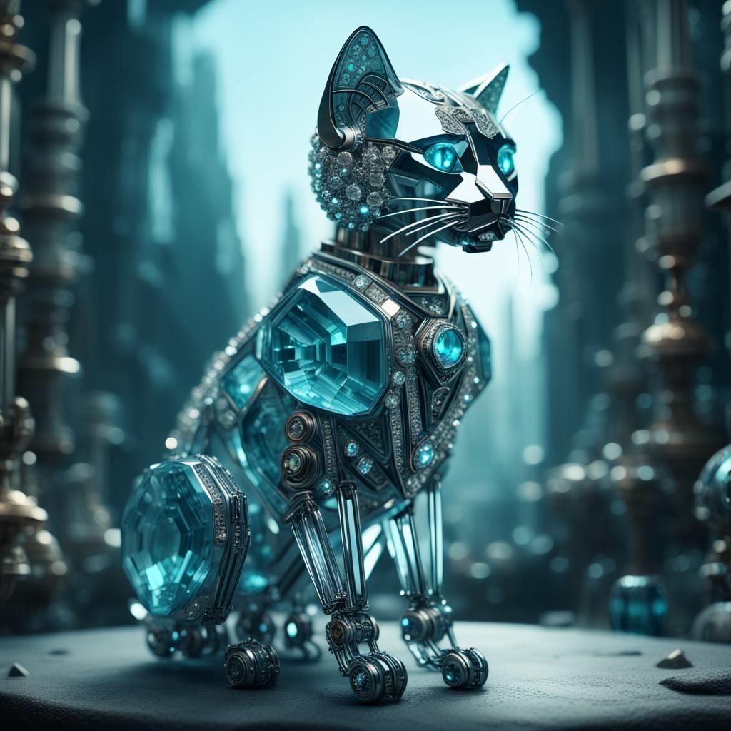 Aquamarine Crystal Robot Cat Digital Painting