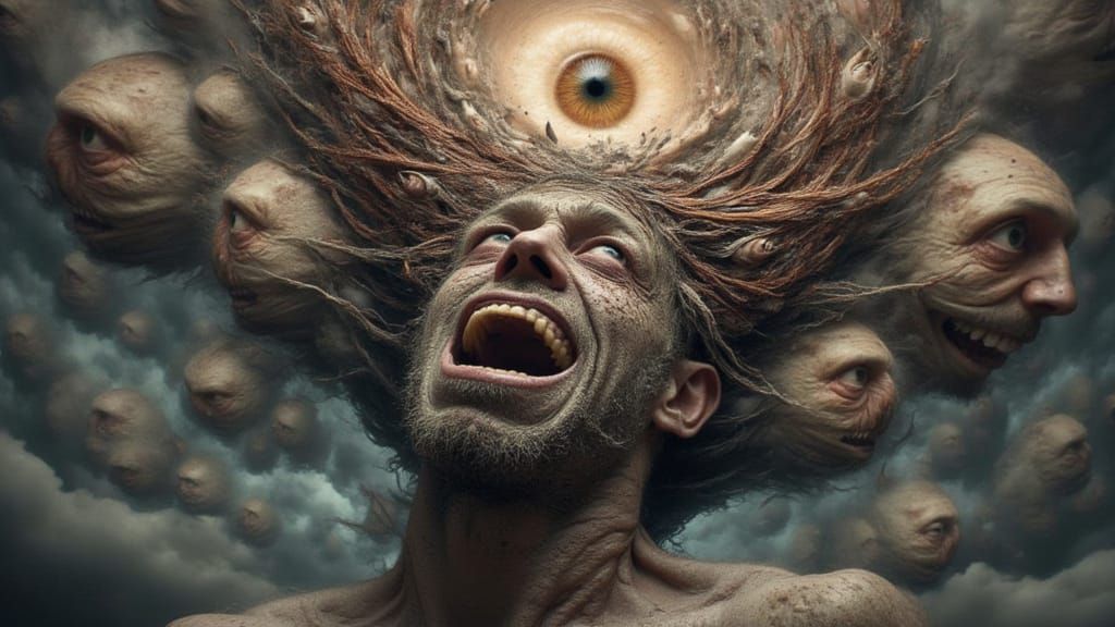 Fractal Faced Man in Windswept Dreamscape